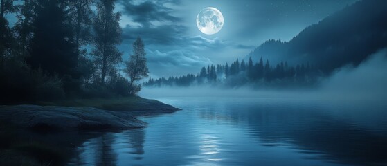Wall Mural - A mystic moon illuminates a serene lake, with mist hovering over the water, enveloped by distant trees and mountains in the tranquil night.