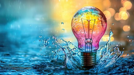 Leinwandbilder - This striking image features a colorful light bulb with a dramatic water splash against an abstract background, symbolizing creativity and innovation in modern design.