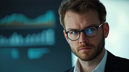 Leinwandbilder - A businessman focused on financial data analysis in a modern office environment, utilizing charts and graphs with a digital enhancement to visualize insights and trends.