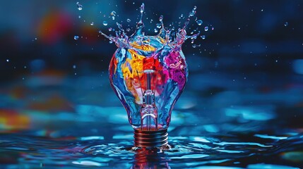 Leinwandbilder - This striking image features a colorful light bulb with a dramatic water splash against an abstract background, symbolizing creativity and innovation in modern design.
