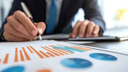 Poster - A businessman focused on financial data analysis in a modern office environment, utilizing charts and graphs with a digital enhancement to visualize insights and trends.
