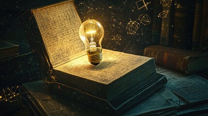 Fototapete - The image illustrates the concept of creativity with a light bulb shining from an open box placed on a book, surrounded by mathematical symbols, symbolizing innovation.