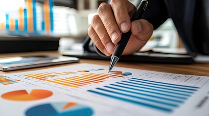 Poster - A businessman focused on financial data analysis in a modern office environment, utilizing charts and graphs with a digital enhancement to visualize insights and trends.