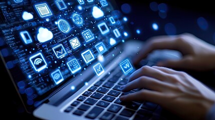 Fototapete - A close-up view of hands typing on a laptop with glowing digital icons representing cloud computing and data connectivity, symbolizing modern technology and innovation.
