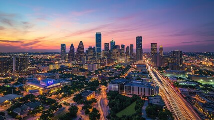 Aufkleber - Stunning aerial view of a vibrant urban skyline at twilight featuring digital light trails. This futuristic cityscape showcases technology and innovation in architecture.