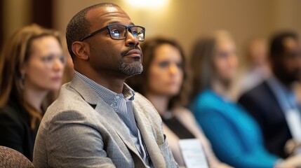 Fototapete - A focused audience listens to a panel of expert speakers sharing insights on business strategies and innovation during a corporate event, highlighting engagement and lear