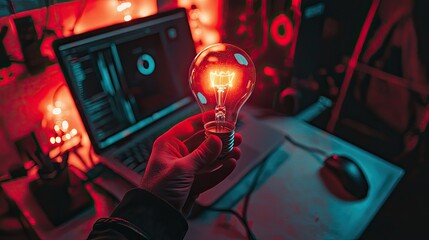 Poster - A person holds a glowing light bulb symbolizing ideas in a modern workspace with a laptop and mouse, representing creativity and inspiration for innovative thinking.