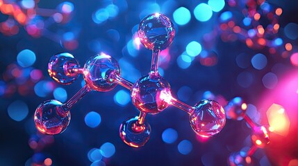 Fototapete - This abstract digital illustration depicts interconnected molecular structures with glowing nodes, representing innovation and scientific research in a vibrant dark blue