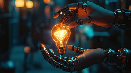 Fototapete - A creative representation of interaction between human and robotic hands, featuring a glowing light bulb symbolizing ideas and technological progress in a digital environ