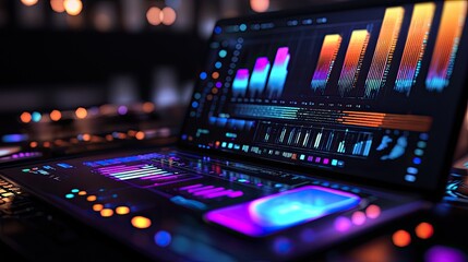 Aufkleber - Explore a vibrant digital interface showcasing a laptop, mobile device, and dynamic graphics representing data analysis and software development in a futuristic style.