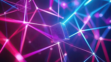 Leinwandbilder - Explore an abstract representation of technology with neon glowing lines and cubes that create a mesmerizing digital network against a dark backdrop.