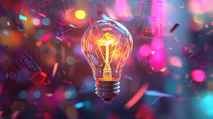 Leinwandbilder - A vibrant illustration featuring a glowing light bulb surrounded by colorful sketches and digital elements, symbolizing ideas, creativity, and technological innovation.