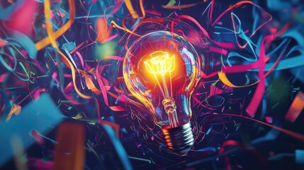 Leinwandbilder - A vibrant illustration featuring a glowing light bulb surrounded by colorful sketches and digital elements, symbolizing ideas, creativity, and technological innovation.