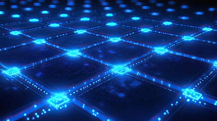 Leinwandbilder - A vibrant abstract blue background featuring glowing connections and dots, ideal for technology, data, and communication themes in modern design projects.