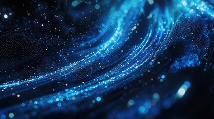 Fototapete - A captivating abstract digital background featuring glowing blue lines and dots, symbolizing interconnected networks and futuristic technology in a dark environment.