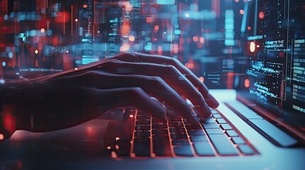 Aufkleber - A close-up shot of hands typing on a laptop keyboard, surrounded by digital interface elements that symbolize the merging of technology and modern work environments.