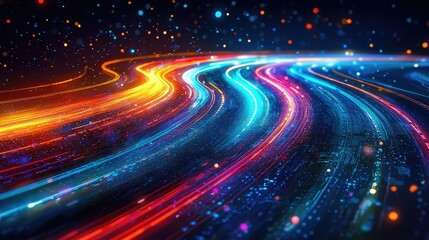 Aufkleber - A captivating digital artwork showcasing a vibrant data stream with neon lights. The image evokes a sense of speed and technological advancement in a modern urban setting