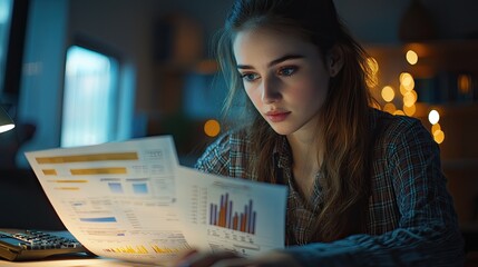 Aufkleber - A thoughtful young woman engages in financial analysis, studying business documents at her desk. A calculator and graphs illustrate her focused approach to planning.