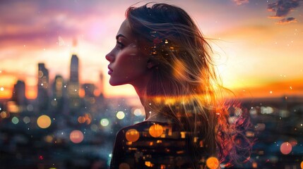 Aufkleber - An artistic double exposure portrait of a woman and a stunning city skyline at sunset. This image beautifully captures the essence of dreams and urban life.