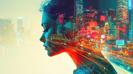 Aufkleber - An artistic portrayal of a womans profile seamlessly merging with a vibrant cityscape, illustrating the fusion of urban life and individual expression in a modern world.