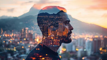 Aufkleber - A captivating portrait of a man in profile, featuring a double exposure with a vibrant cityscape and a mountain range, creating a perfect blend of urban and natural beaut