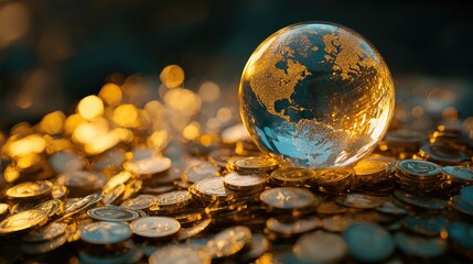 Poster - A stunning glass globe sits atop a pile of gold coins, symbolizing finance and wealth. This image highlights themes of global economy and investment strategies.