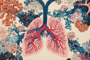 Aufkleber - Unique illustration of lungs surrounded by colorful coral reef textures and patterns in a creative art piece. Generative AI