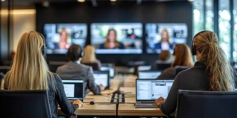 Aufkleber - Two colleagues participating in an online business training in a sleek office, using dual monitors and notebooks to share insights.