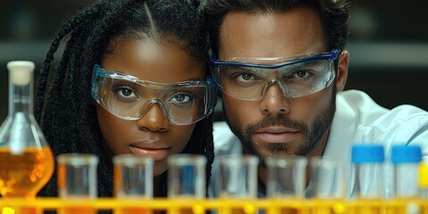 Aufkleber - A pair of adults conducting experiments in a science lab, recording data surrounded by beakers and test tubes in a scientific setting.