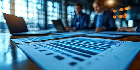 Aufkleber - Three professionals collaborating on a business strategy course in a modern boardroom, surrounded by laptops and documents, focused on learning and growth.
