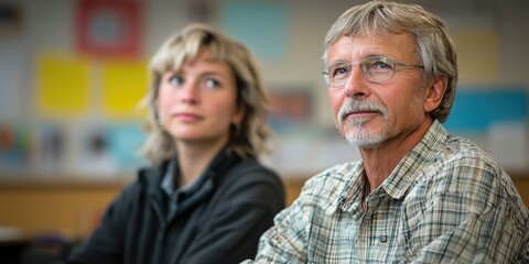 Aufkleber - A close-up shows two educators collaborating on a lesson plan in a colorful classroom, their serious and focused expressions indicating their commitment to the discussion