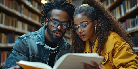 Aufkleber - Two educators are shown in a close-up shot, reviewing textbooks together in a library, their faces displaying intense focus as their hands point to specific pages.