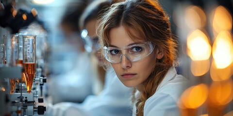 Aufkleber - Three middle-aged learners in a science workshop, surrounded by lab equipment, working through hands-on experiments with determination and enthusiasm.