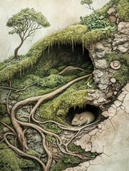 Poster - Illustration of a mouse resting inside a moss covered burrow with trees and roots in a serene landscape. Generative AI