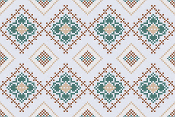 Wall Mural - Cross Stitch pattern with Floral Designs. Traditional cross stitch needlework. Geometric Ethnic pattern, Embroidery, Textile ornamentation, fabric, Hand stitched pattern, Cultural stitching pixel art.