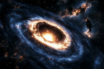 Wall Mural - large, glowing blue and orange planet with a hole in the middle