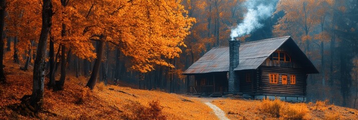 Aufkleber - Cozy wooden cabin in vibrant autumn forest with colorful leaves and rising smoke from chimney. Generative AI