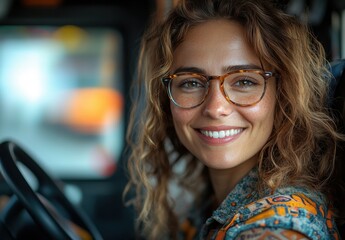 Portrait of an attractive female bus driver smiling confidently in her vehicle