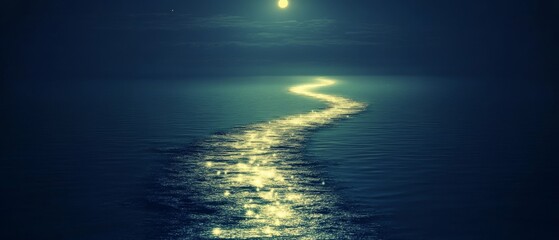 Wall Mural - A mystical moonlit path glimmers over a dark ocean, guiding the eye toward an infinite horizon under a starry night sky.