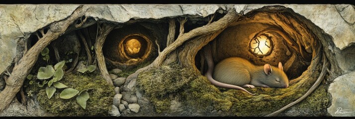 Poster - Mouse tucked peacefully in a cozy burrow with warm light shining through nearby tunnels in a natural setting. Generative AI