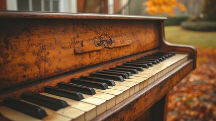 Antique piano outdoors, autumn leaves, house background