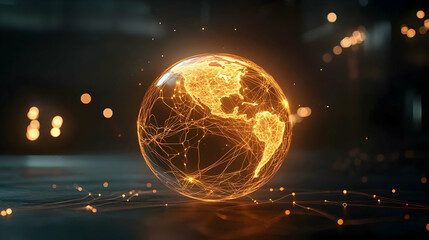 Illuminated globe showcasing global network connections, dark background, concept for technology or connectivity