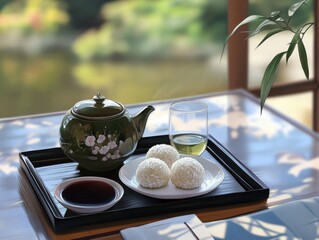 Traditional Japanese tea ceremony with rice cakes (mochi). Featuring a serene and cultural ritual. Highlighting the elegance and tradition of the tea ceremony. Ideal for cultural and food themes.