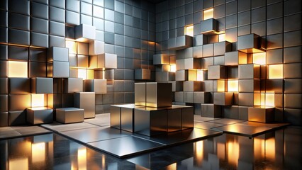 Wall Mural - illuminated cube installation abstract modern display with metallic textures and warm lighting