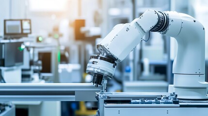 Wall Mural - a robot performing advanced quality control in a clean, high-tech semiconductor manufacturing plant 