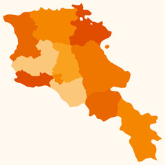 Wall Mural - Map of Armenia with regions. Just a simple country border map with region division. Orange color palette. Plain Armenia shape with administrative division. Vector illustration.