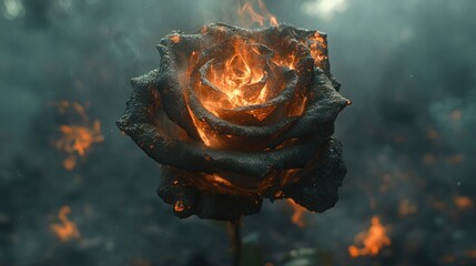 Sticker - Fiery black rose engulfed in flames and smoke. (1)