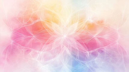 Meditative mandala artwork with gossamer thin line details, ethereal pastel rainbow gradient background, spiritual geometric pattern overlay, soft sacred geometry design, peaceful yoga-inspired art
