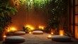 © Chaikit - indoor zen garden atmosphere, meditation cushions on textured carpet, tropical plants and trailing vines, warm ambient lighting, terracotta planters, glowing candlelight, natural botanical space