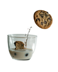 Delicious chocolate chip cookie dunking into a glass of milk, creating a splash. Perfect for advertising or food blogs.